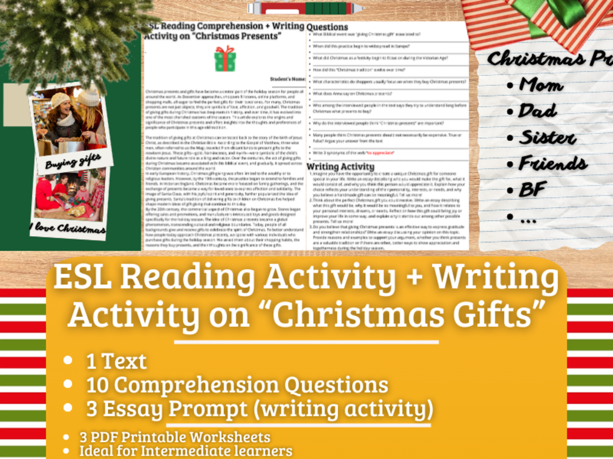 An educational teaching resource from Learning with Alan entitled ESL Reading Comprehension + Essay - Christmas Gifts + Presents downloadable at Teach Simple.