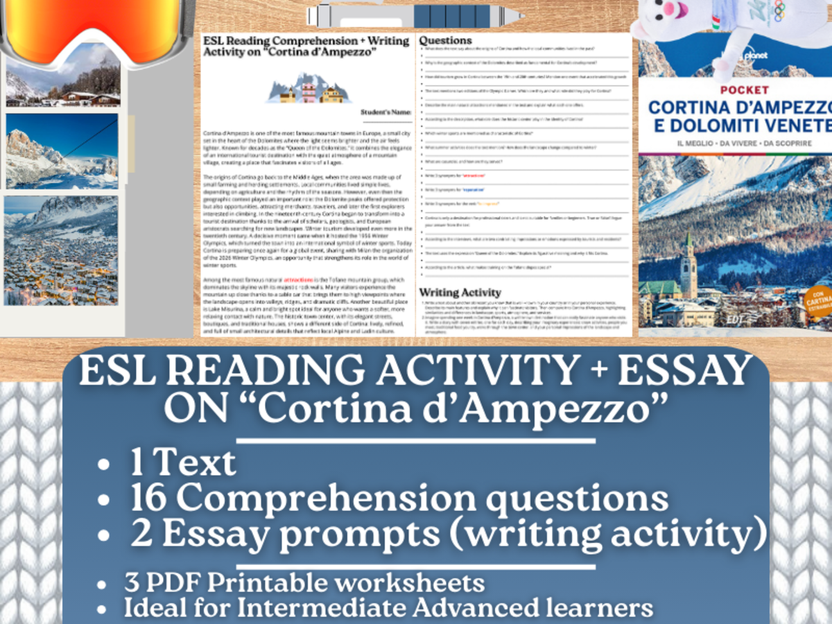 An educational teaching resource from Learning with Alan entitled ESL Reading Comprehension + Essay - Cortina d'Ampezzo - Winter downloadable at Teach Simple.