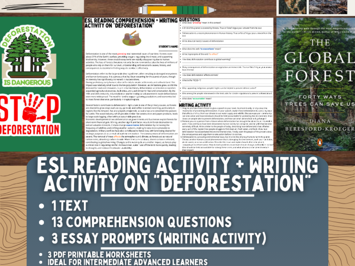 An educational teaching resource from Learning with Alan entitled ESL Reading Comprehension + Essay - Deforestation - Climate Change downloadable at Teach Simple.