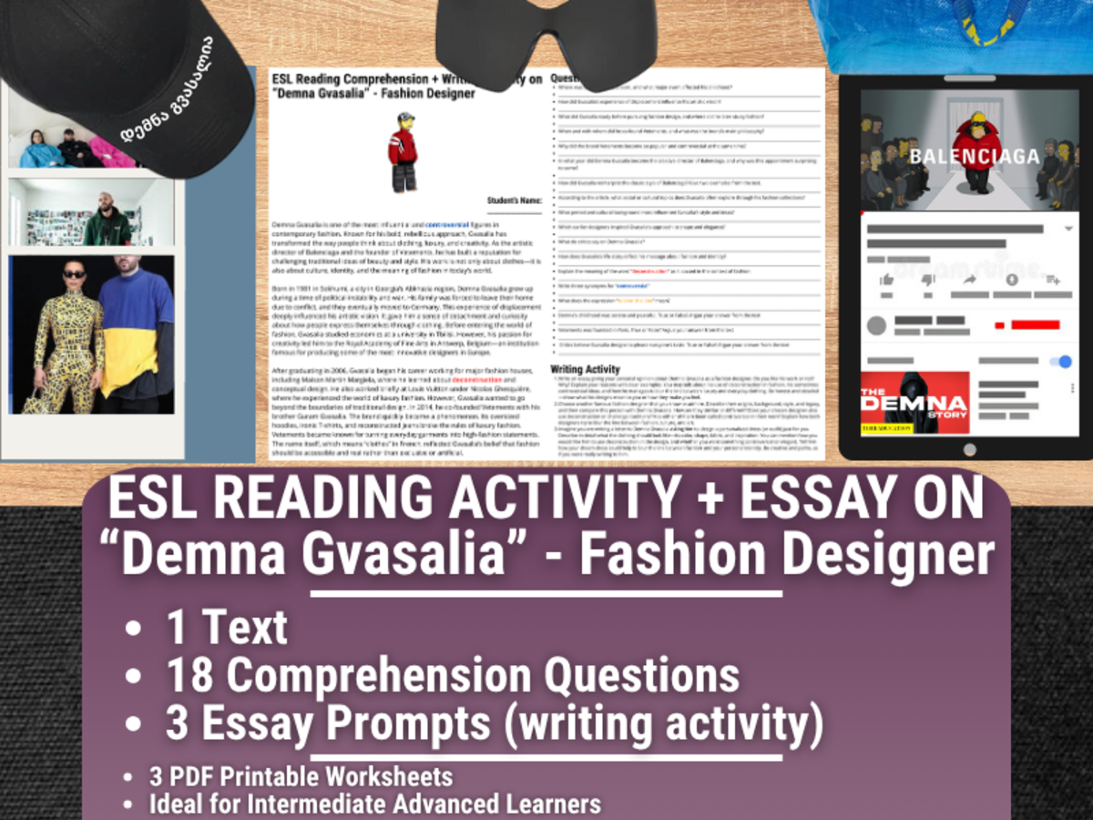 An educational teaching resource from Learning with Alan entitled ESL Reading Comprehension + Essay - Demna Gvasalia - Fashion Designer downloadable at Teach Simple.