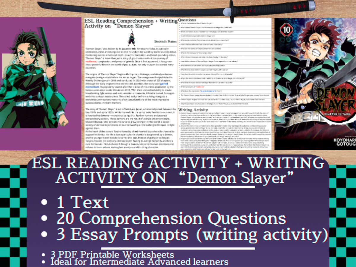 An educational teaching resource from Learning with Alan entitled ESL Reading Comprehension + Essay - Demon Slayer - Anime and Manga downloadable at Teach Simple.
