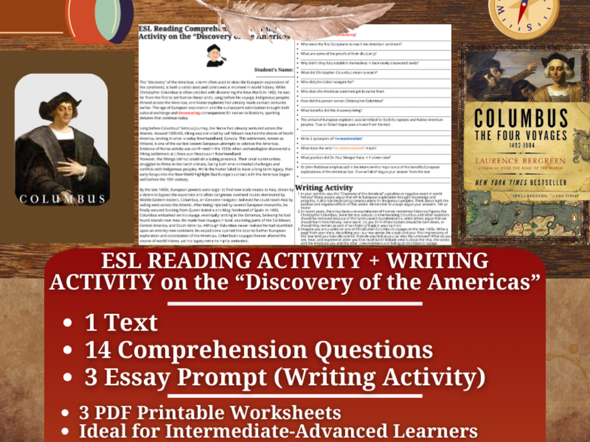 An educational teaching resource from Learning with Alan entitled ESL Reading Comprehension + Essay - Discovery of the Americas downloadable at Teach Simple.