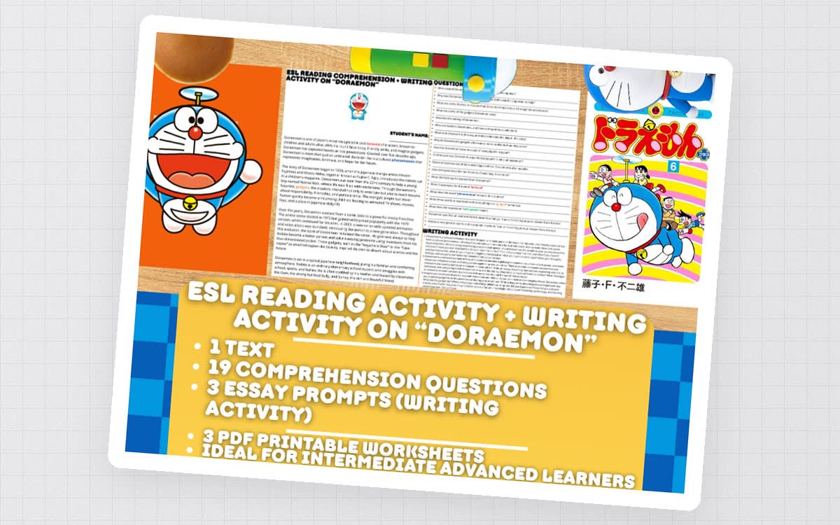 An educational teaching resource from Learning with Alan entitled ESL Reading Comprehension + Essay - Doraemon - Japanese Manga + Anime downloadable at Teach Simple.