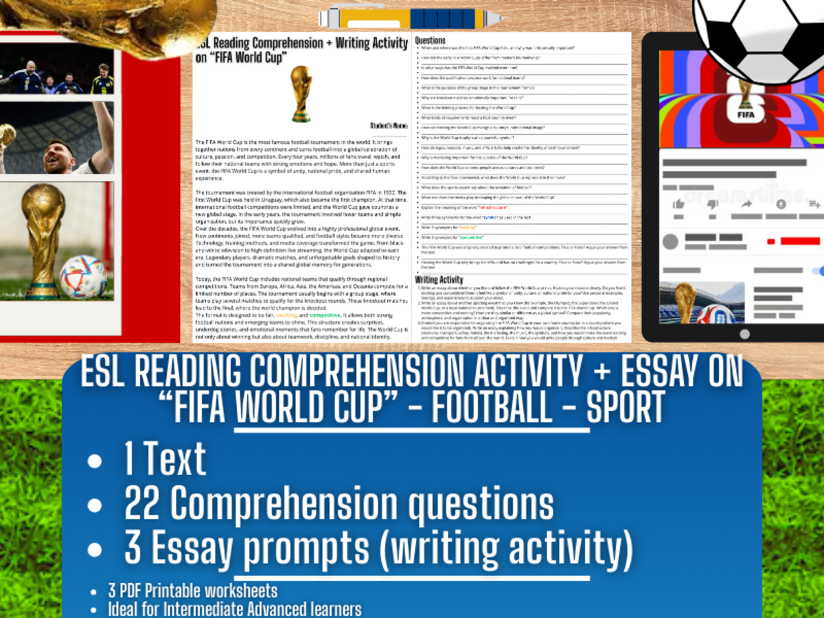 An educational teaching resource from Learning with Alan entitled ESL Reading Comprehension + Essay - FIFA World Cup - Football - Sports downloadable at Teach Simple.