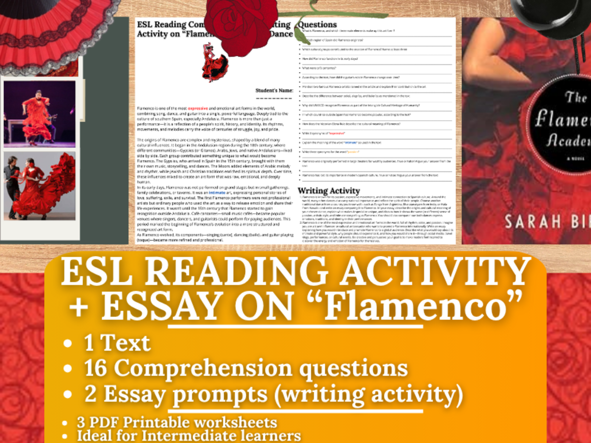 An educational teaching resource from Learning with Alan entitled ESL Reading Comprehension + Essay - Flamenco - Spanish Dance downloadable at Teach Simple.
