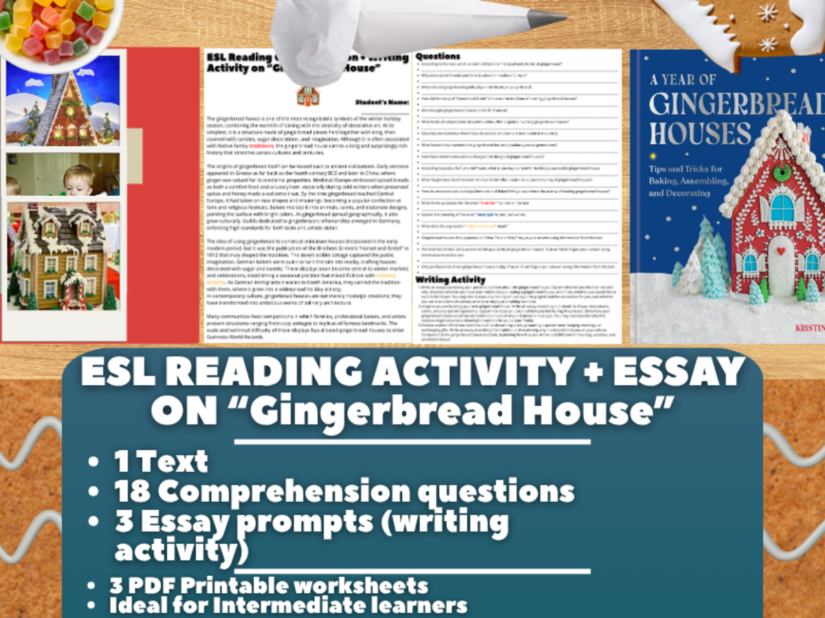 An educational teaching resource from Learning with Alan entitled ESL Reading Comprehension + Essay - Gingerbread House - Christmas downloadable at Teach Simple.