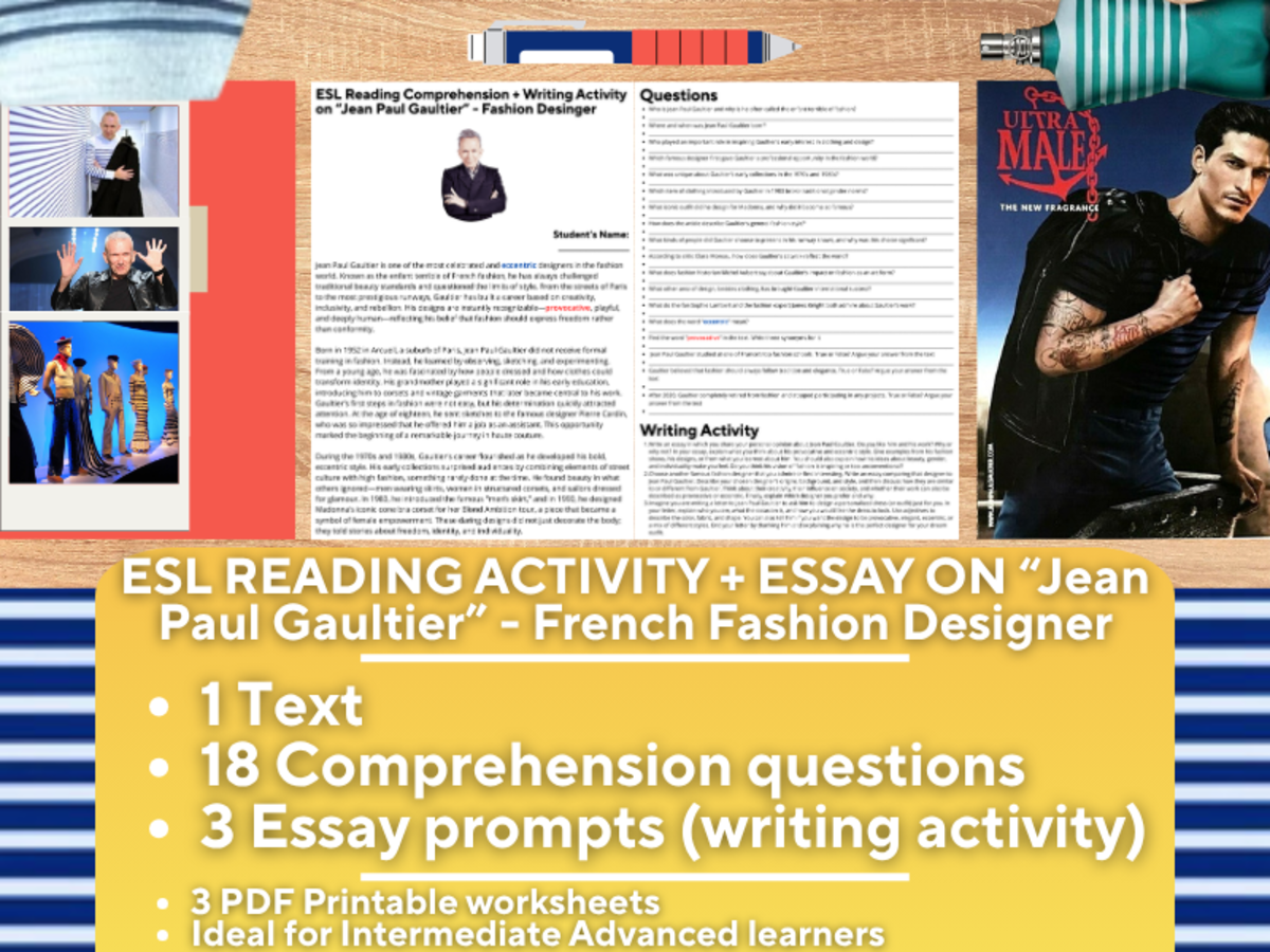 An educational teaching resource from Learning with Alan entitled ESL Reading Comprehension + Essay - Jean Paul Gaultier - Fashion downloadable at Teach Simple.