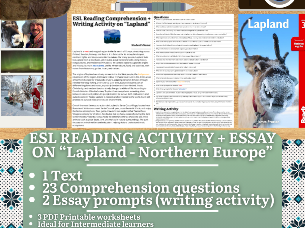 An educational teaching resource from Learning with Alan entitled ESL Reading Comprehension + Essay - Lapland - Northern Europe - Winter downloadable at Teach Simple.