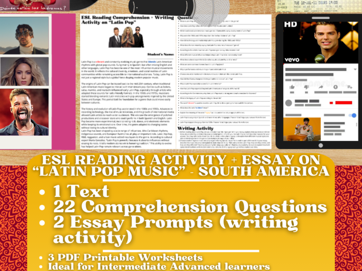 An educational teaching resource from Learning with Alan entitled ESL Reading Comprehension + Essay - Latin Pop Music - South America downloadable at Teach Simple.