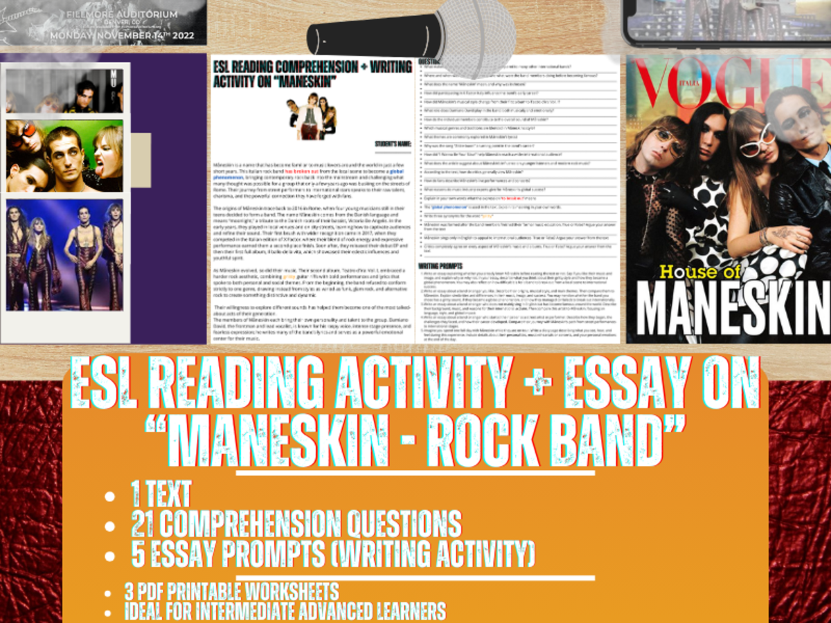 An educational teaching resource from Learning with Alan entitled ESL Reading Comprehension + Essay - Måneskin - Italian Rock Band downloadable at Teach Simple.