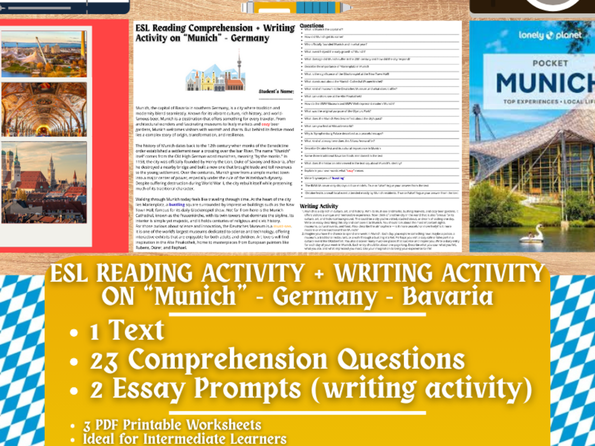 An educational teaching resource from Learning with Alan entitled ESL Reading Comprehension + Essay - Munich - Germany - Bavaria downloadable at Teach Simple.