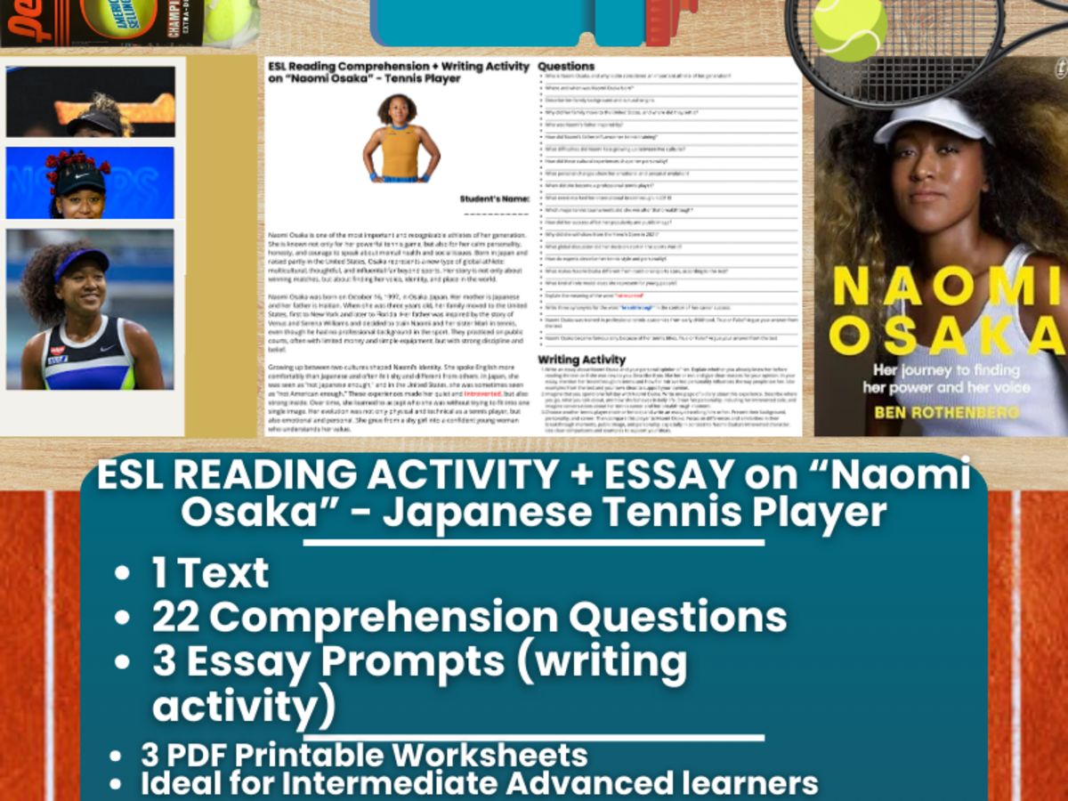 An educational teaching resource from Learning with Alan entitled ESL Reading Comprehension + Essay - Naomi Osaka - Tennis Player downloadable at Teach Simple.
