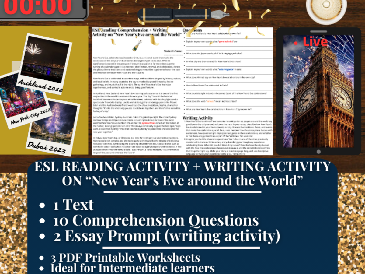 An educational teaching resource from Learning with Alan entitled ESL Reading Comprehension + Essay - New Year's Eve around the World downloadable at Teach Simple.