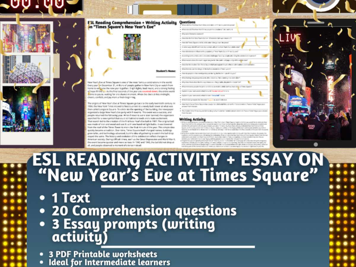 An educational teaching resource from Learning with Alan entitled ESL Reading Comprehension + Essay - New Year's Eve at Times Square downloadable at Teach Simple.