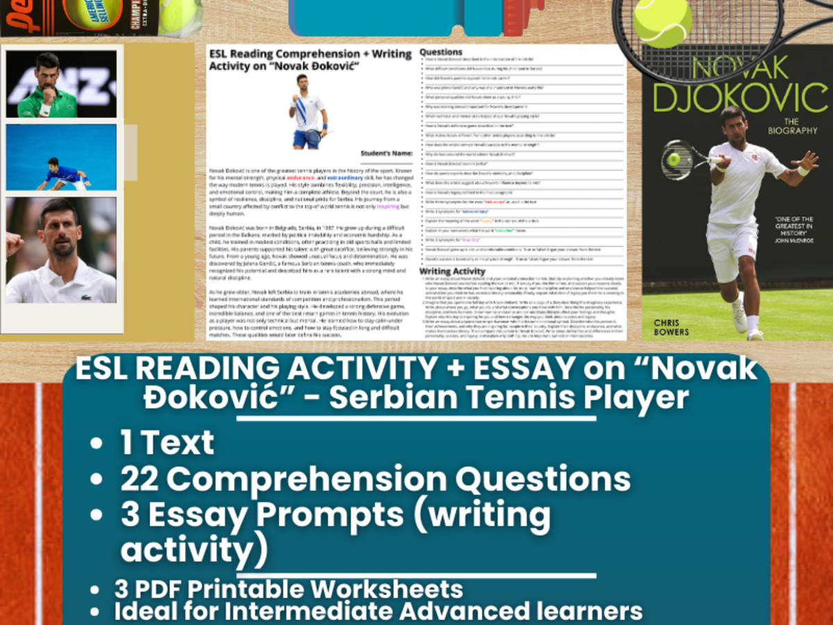 An educational teaching resource from Learning with Alan entitled ESL Reading Comprehension + Essay - Novak Đoković - Tennis Player downloadable at Teach Simple.