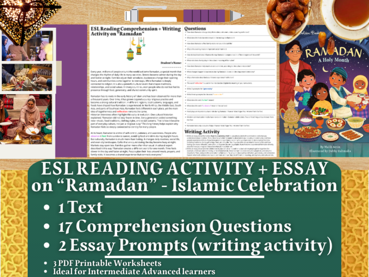 An educational teaching resource from Learning with Alan entitled ESL Reading Comprehension + Essay on Ramadan - Islamic Celebration downloadable at Teach Simple.