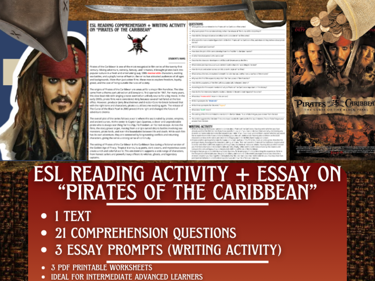 An educational teaching resource from Learning with Alan entitled ESL Reading Comprehension + Essay - Pirates of the Caribbean downloadable at Teach Simple.