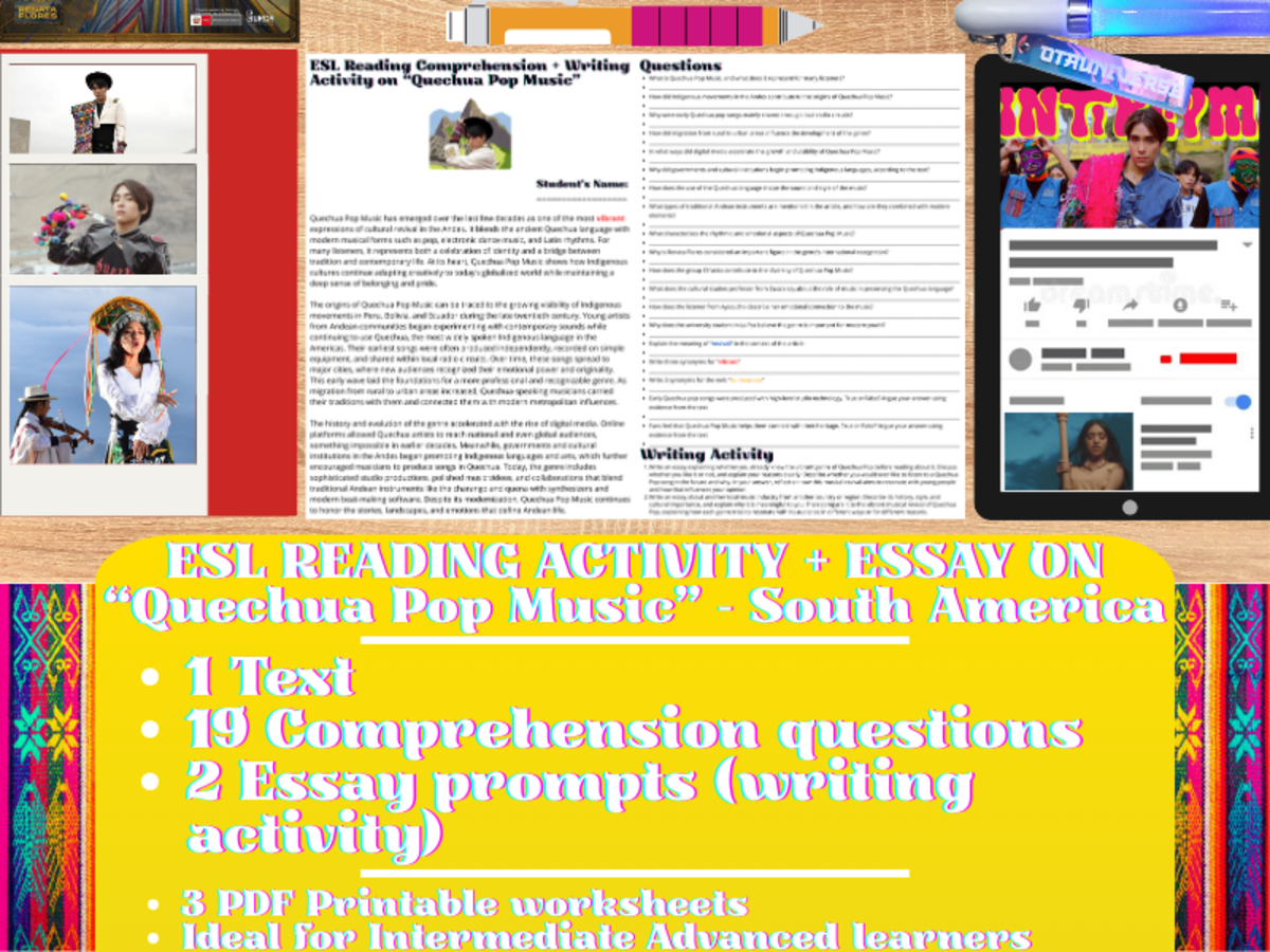 An educational teaching resource from Learning with Alan entitled ESL Reading Comprehension + Essay - Quechua Pop Music - South America downloadable at Teach Simple.