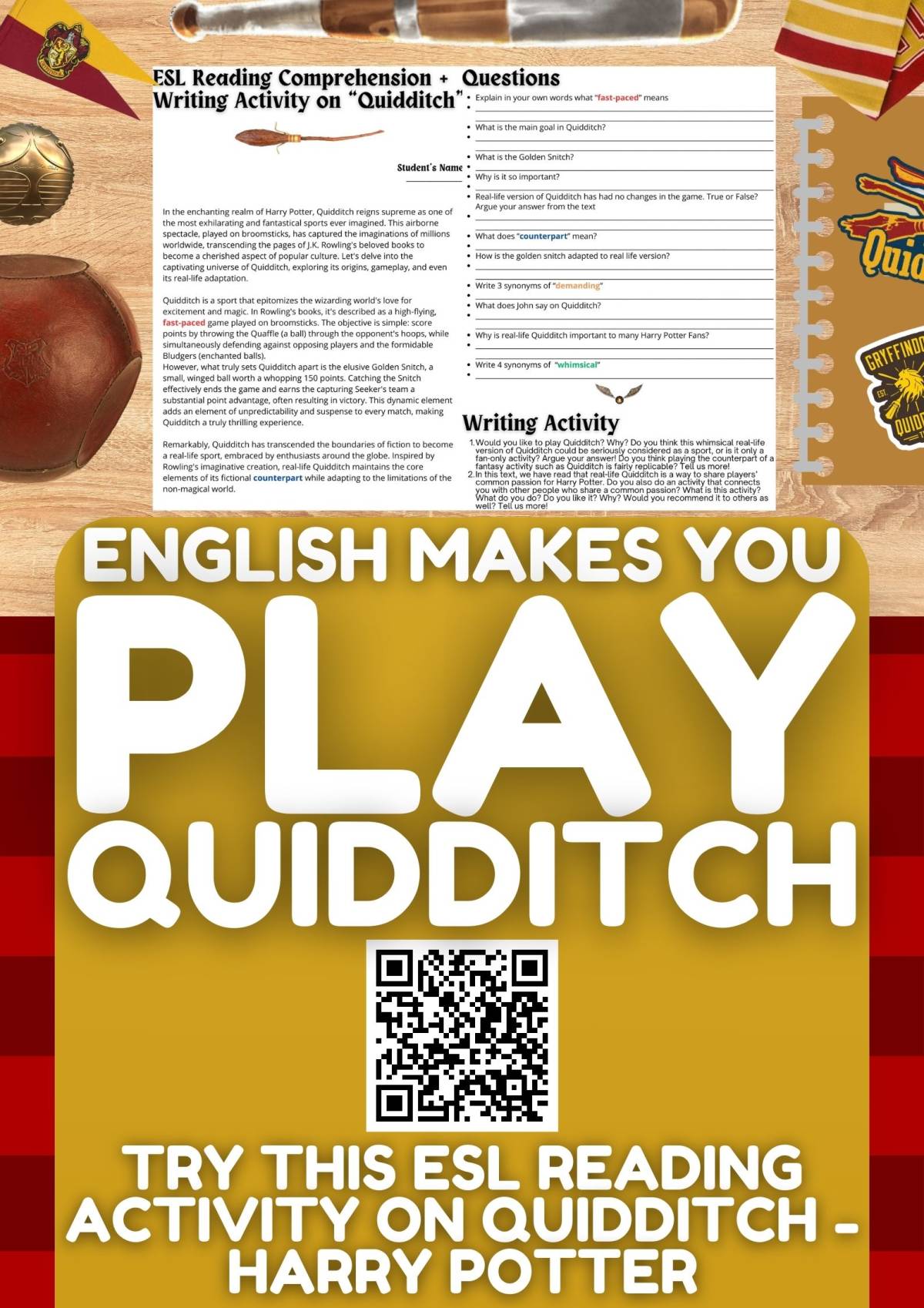 An educational teaching resource from Learning with Alan entitled ESL Reading Comprehension + Essay - Quidditch - Harry Potter downloadable at Teach Simple.