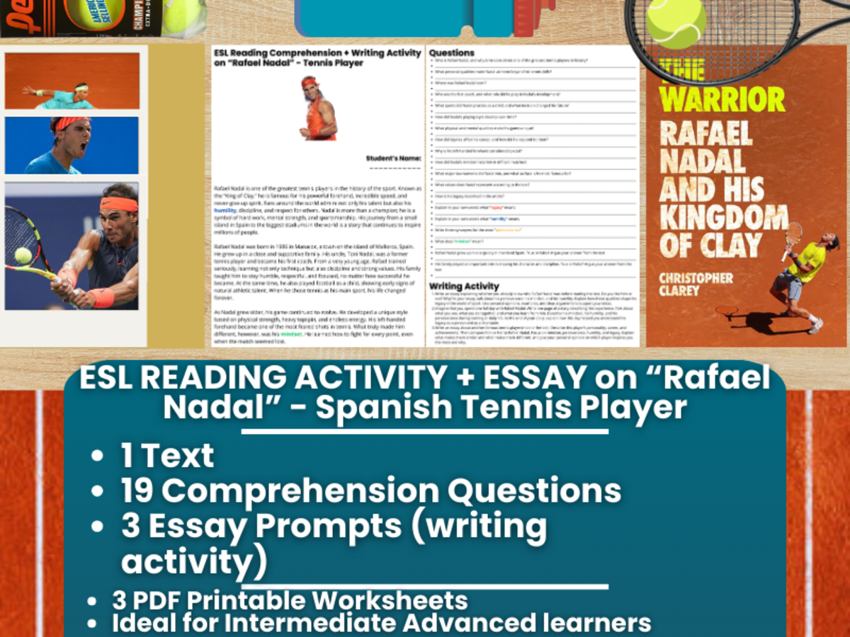 An educational teaching resource from Learning with Alan entitled ESL Reading Comprehension + Essay - Rafael Nadal - Tennis Player downloadable at Teach Simple.