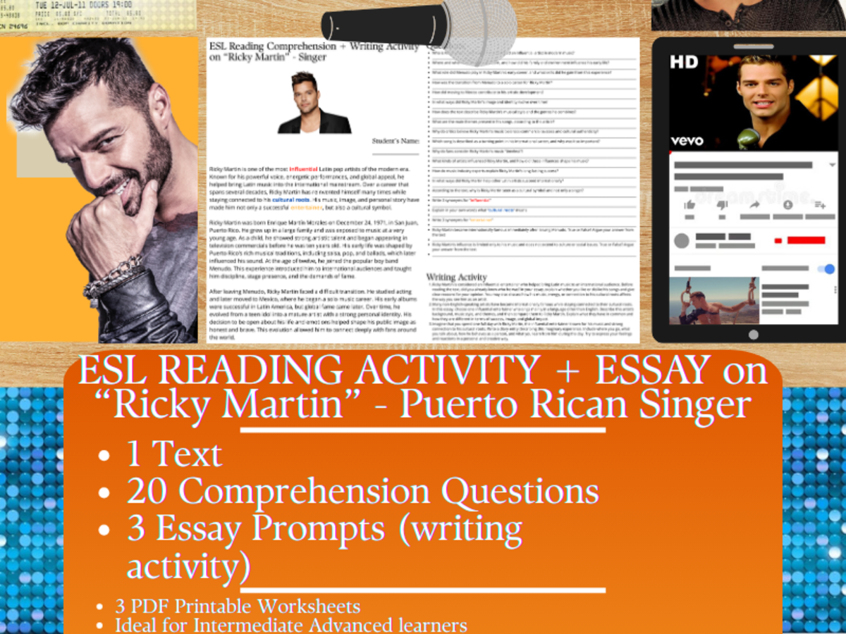An educational teaching resource from Learning with Alan entitled ESL Reading Comprehension + Essay - Ricky Martin - Puerto Rican Singer downloadable at Teach Simple.