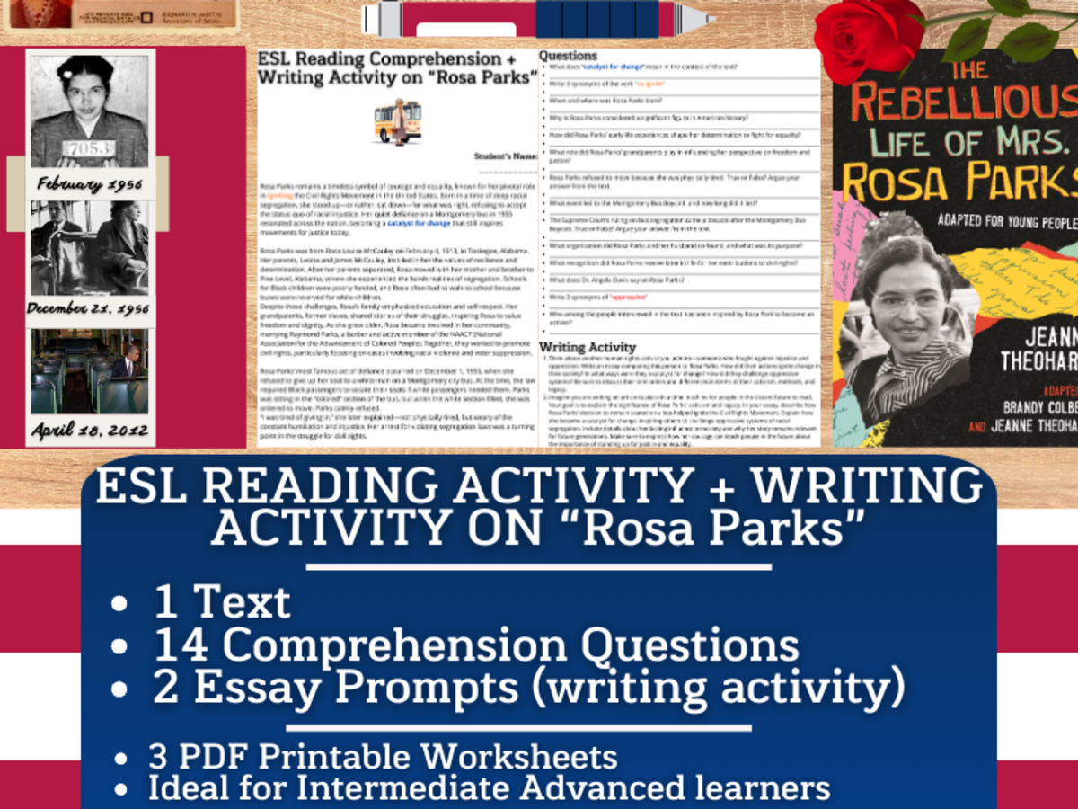 An educational teaching resource from Learning with Alan entitled ESL Reading Comprehension + Essay - Rosa Parks - Civil Rights Movement downloadable at Teach Simple.