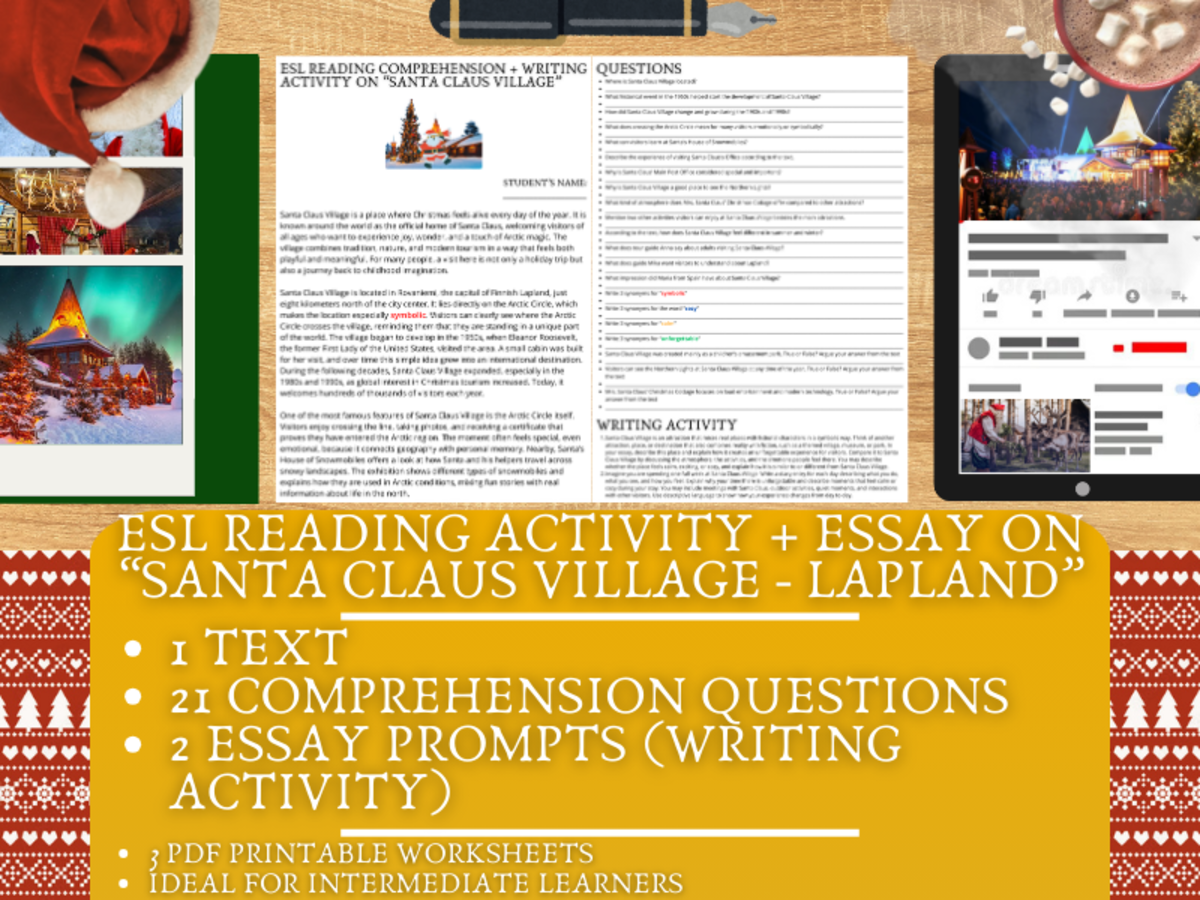 An educational teaching resource from Learning with Alan entitled ESL Reading Comprehension + Essay - Santa Claus Village - Christmas downloadable at Teach Simple.