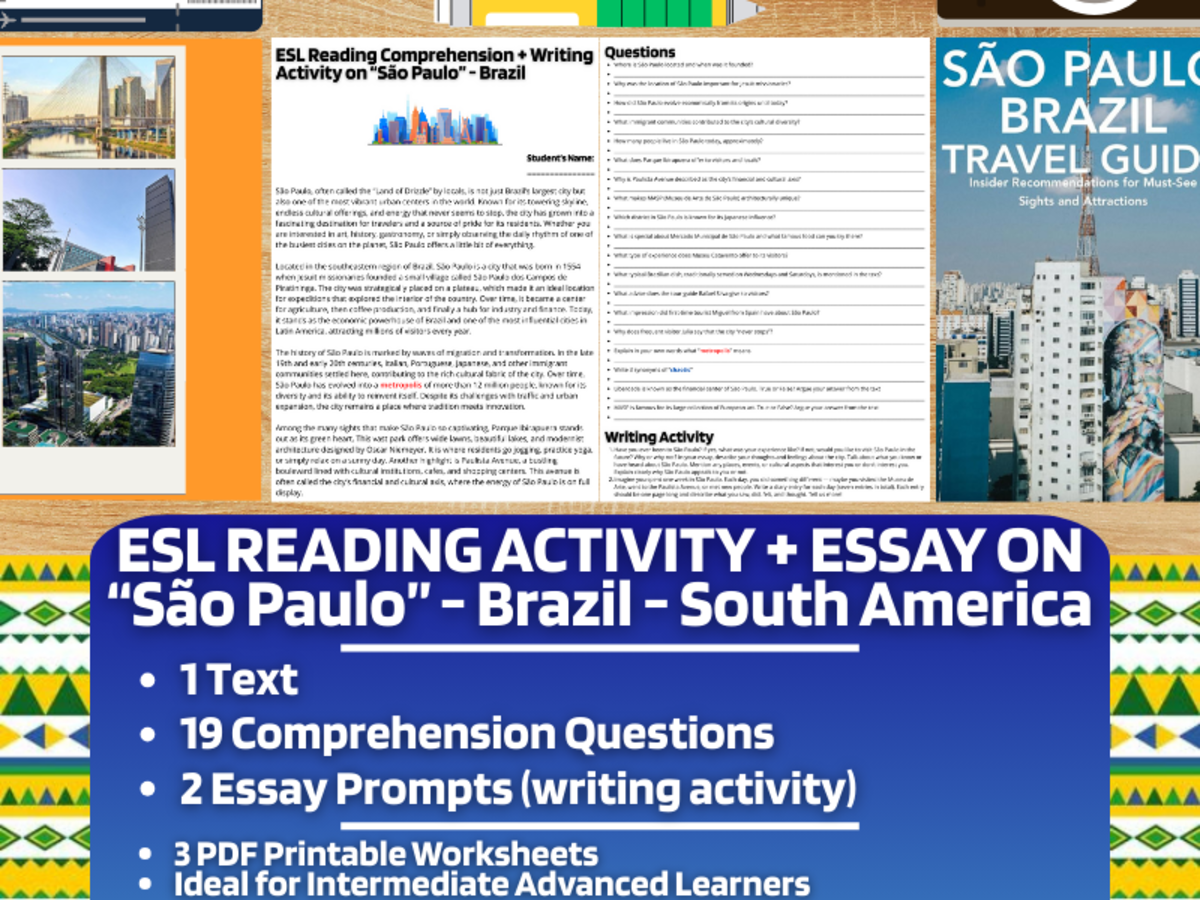 An educational teaching resource from Learning with Alan entitled ESL Reading Comprehension + Essay - São Paulo - Brazil - South America downloadable at Teach Simple.