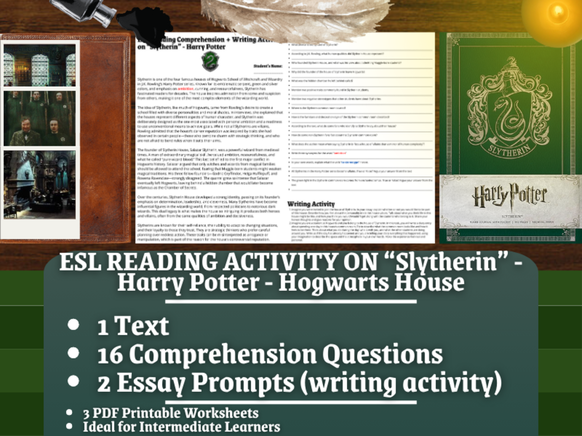 An educational teaching resource from Learning with Alan entitled ESL Reading Comprehension + Essay - Slytherin - Harry Potter downloadable at Teach Simple.