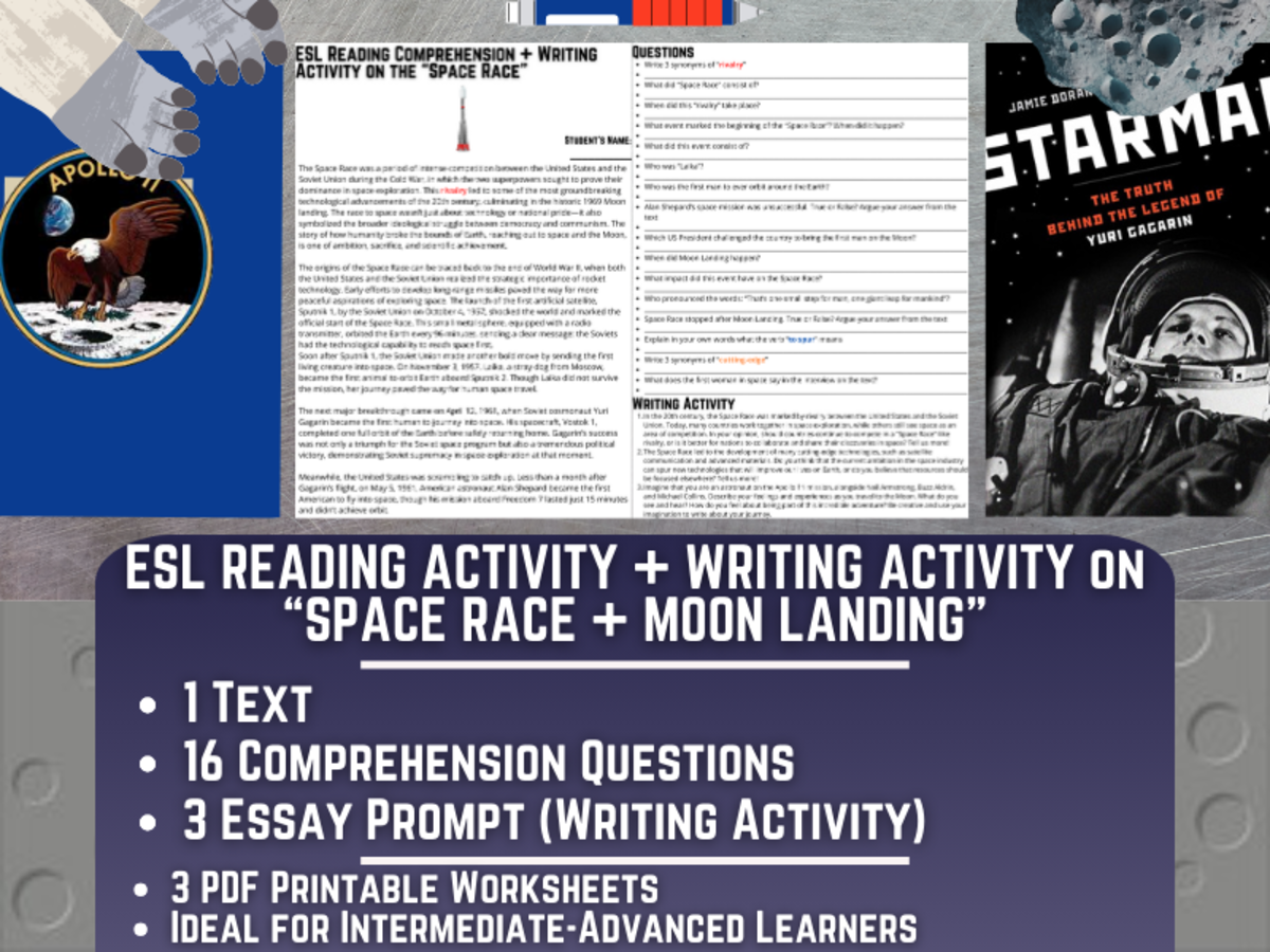 An educational teaching resource from Learning with Alan entitled ESL Reading Comprehension + Essay - Space Race + Moon Landing downloadable at Teach Simple.