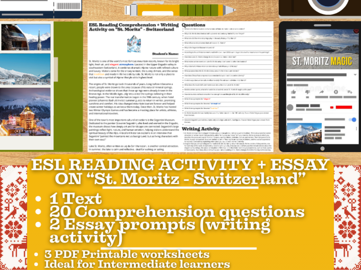 An educational teaching resource from Learning with Alan entitled ESL Reading Comprehension + Essay - St. Moritz - Switzerland - Alps downloadable at Teach Simple.