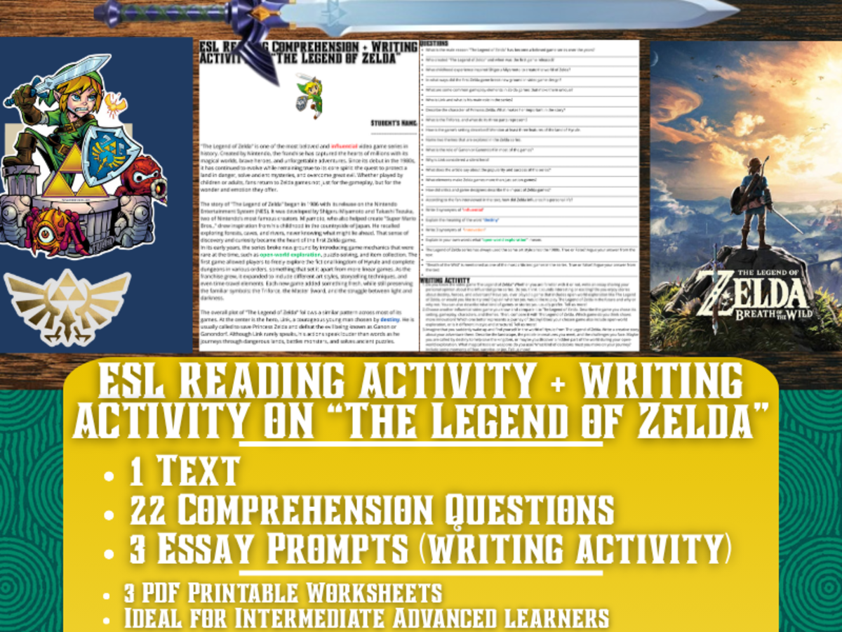 An educational teaching resource from Learning with Alan entitled ESL Reading Comprehension + Essay - The Legend of Zelda - Video Game downloadable at Teach Simple.