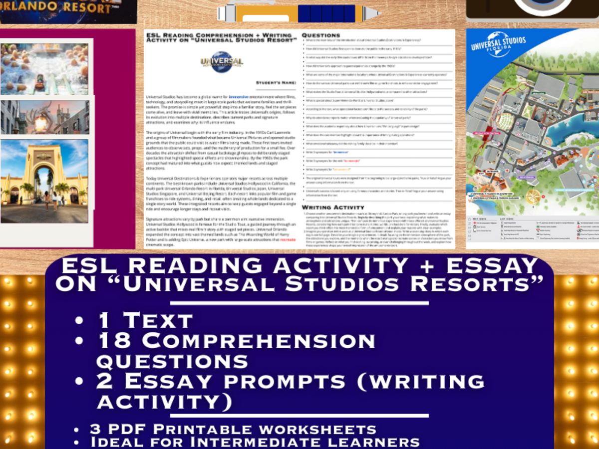An educational teaching resource from Learning with Alan entitled ESL Reading Comprehension + Essay - Universal Studios Resorts downloadable at Teach Simple.