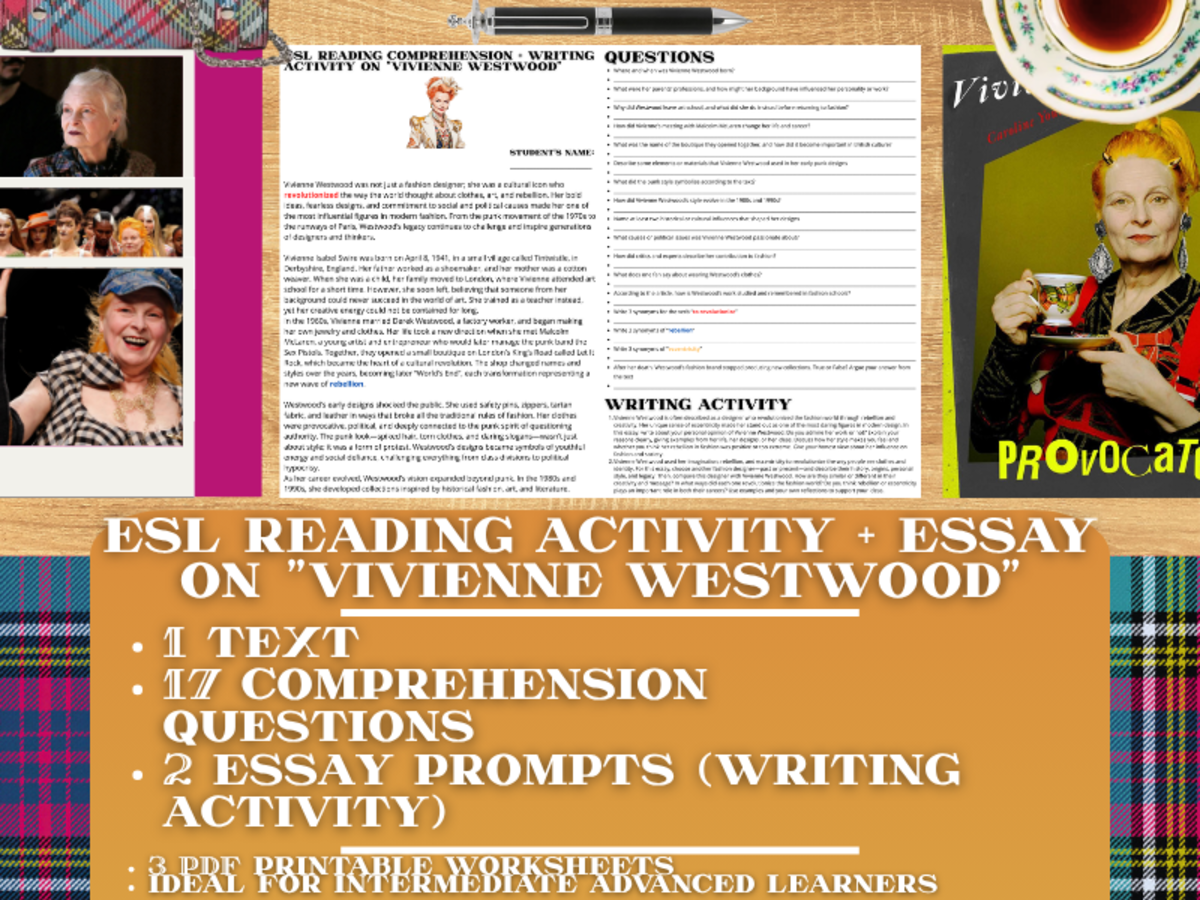 An educational teaching resource from Learning with Alan entitled ESL Reading Comprehension + Essay - Vivienne Westwood - Fashion downloadable at Teach Simple.