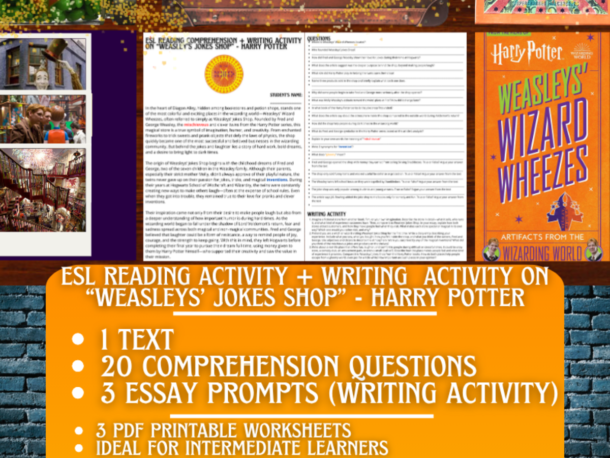 An educational teaching resource from Learning with Alan entitled ESL Reading Comprehension + Essay - Weasleys' Magic Jokes Shop downloadable at Teach Simple.