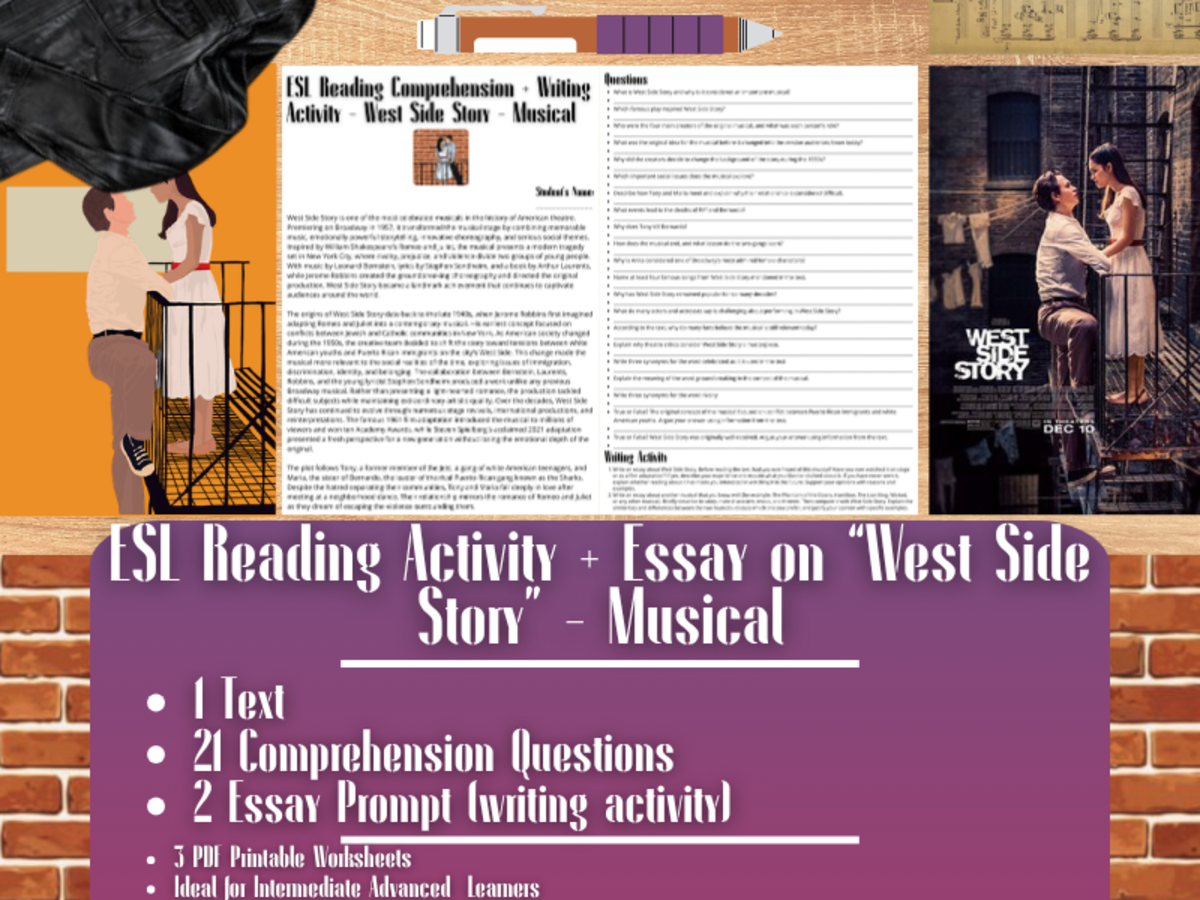 An educational teaching resource from Learning with Alan entitled ESL Reading Comprehension + Essay - West Side Story - Musical downloadable at Teach Simple.