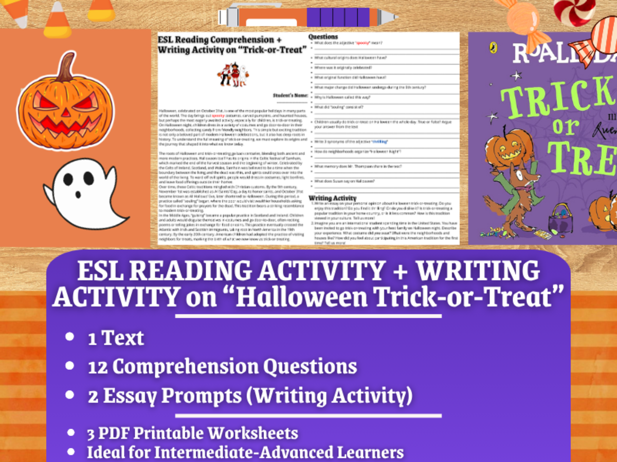 An educational teaching resource from Learning with Alan entitled ESL Reading Comprehension + Essay Worksheet - Halloween Trick or Treat downloadable at Teach Simple.