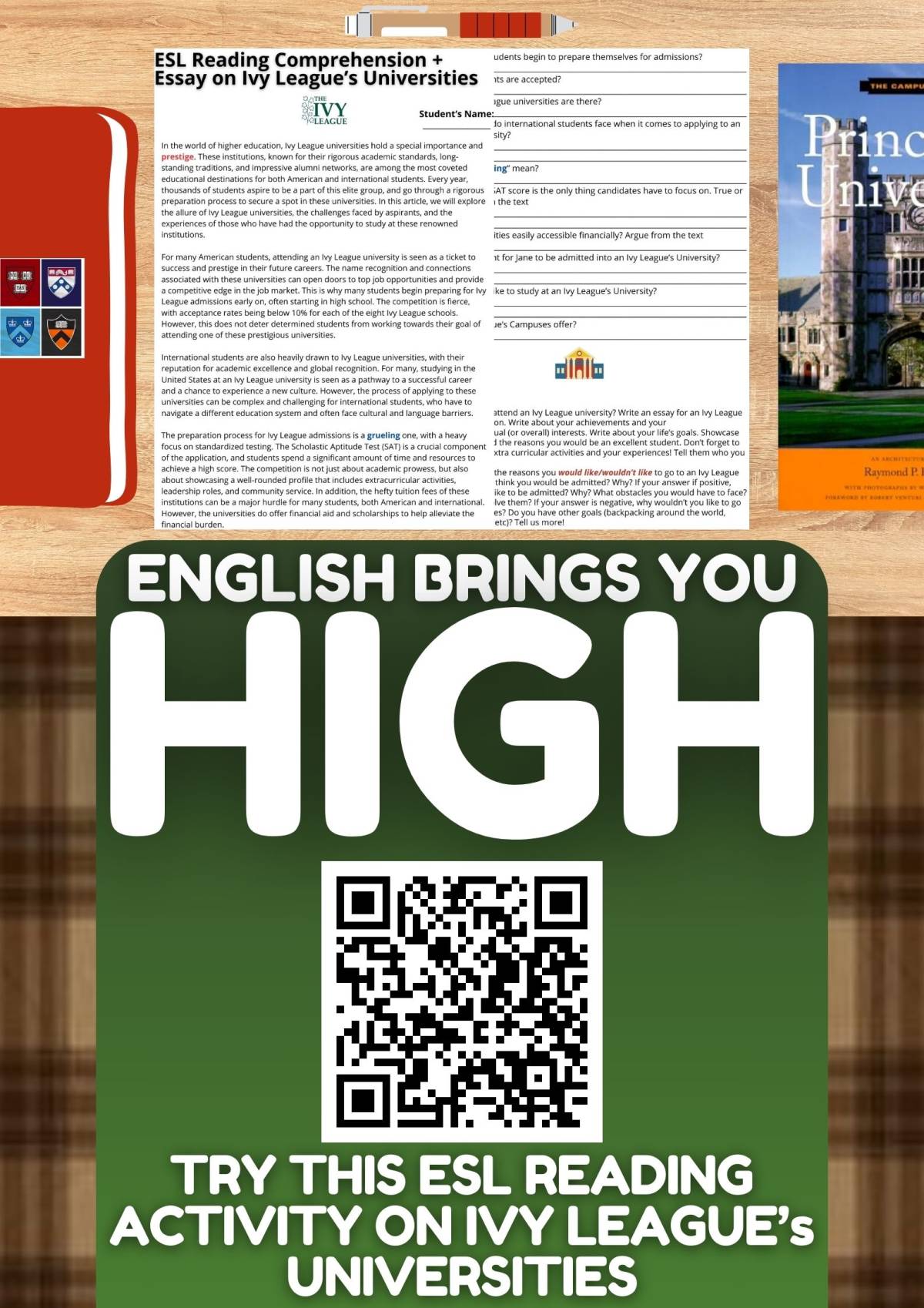 An educational teaching resource from Learning with Alan entitled ESL Reading Comprehension + Essay Worksheet on Ivy League universities downloadable at Teach Simple.
