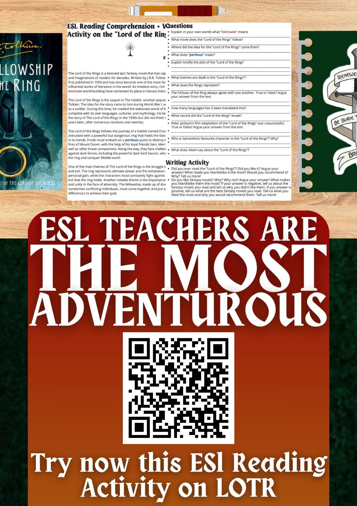 An educational teaching resource from Learning with Alan entitled ESL Reading Comprehension + Essay Worksheet on the Lord of the Rings downloadable at Teach Simple.