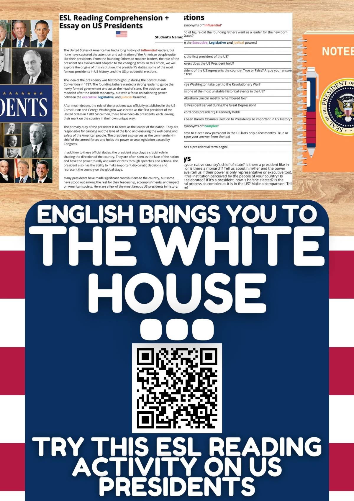 An educational teaching resource from Learning with Alan entitled ESL Reading Comprehension + Essay Worksheet - US Presidents + Election downloadable at Teach Simple.