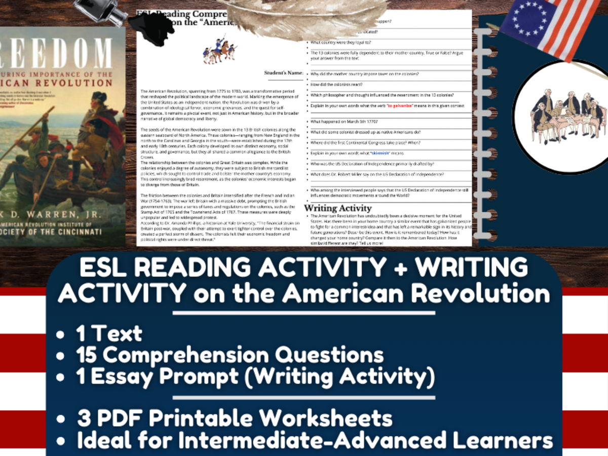 An educational teaching resource from Learning with Alan entitled ESL Reading Comprehension + Essay Worksheets - American Revolution downloadable at Teach Simple.