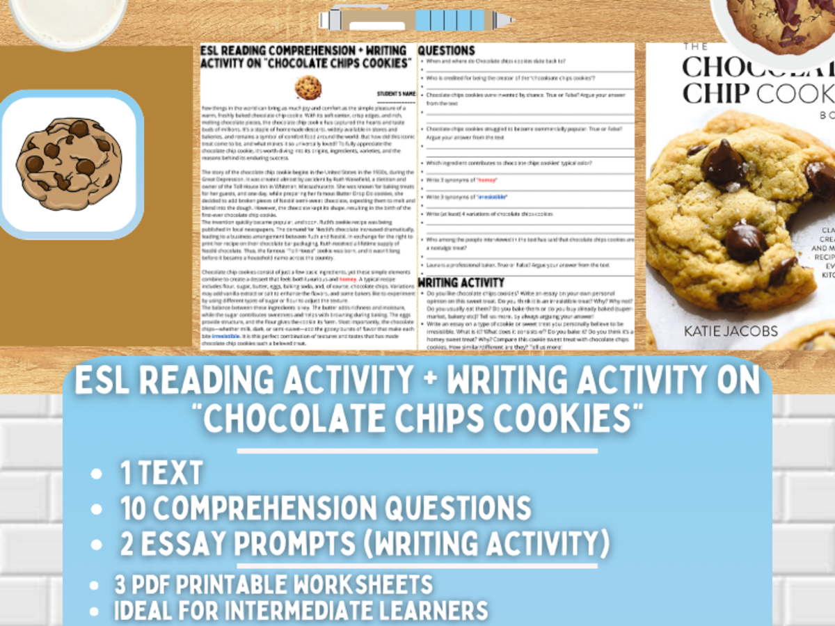 An educational teaching resource from Learning with Alan entitled ESL Reading Comprehension + Essay Worksheets - Chocolate Chips Cookies downloadable at Teach Simple.