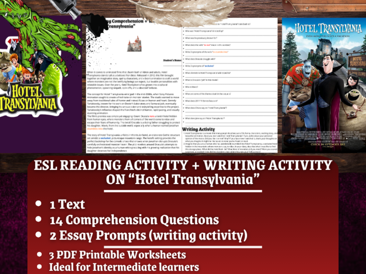 An educational teaching resource from Learning with Alan entitled ESL Reading Comprehension + Essay Worksheets - Hotel Transylvania downloadable at Teach Simple.