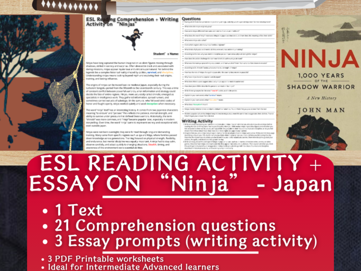 An educational teaching resource from Learning with Alan entitled ESL Reading Comprehension + Essay Worksheets - Ninja - Japan downloadable at Teach Simple.
