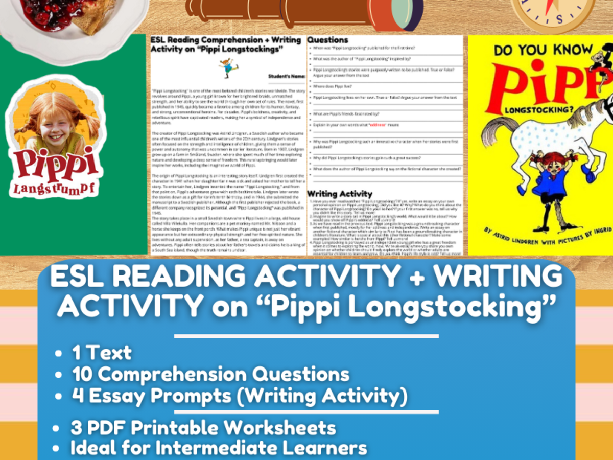 An educational teaching resource from Learning with Alan entitled ESL Reading Comprehension + Essay Worksheets on Pippi Longstocking downloadable at Teach Simple.
