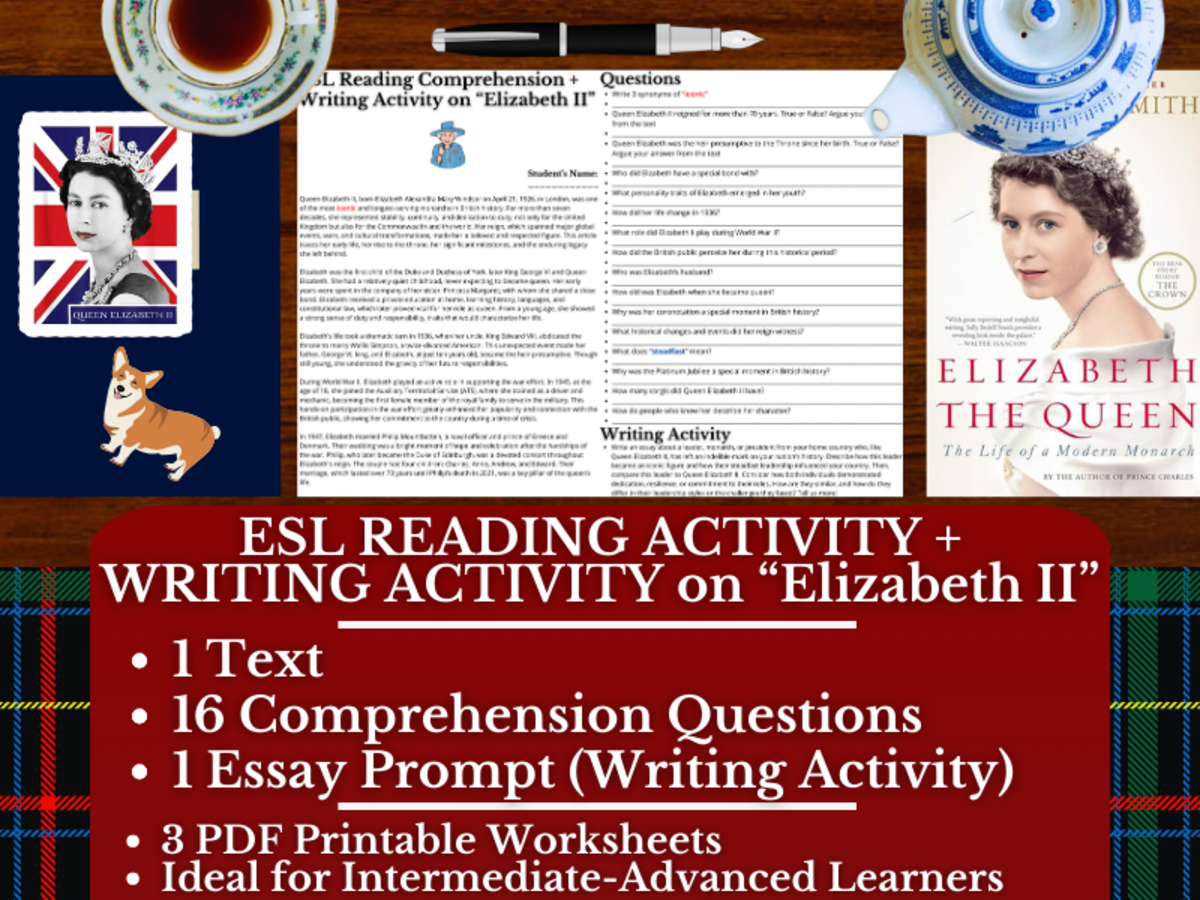 An educational teaching resource from Learning with Alan entitled ESL Reading Comprehension + Essay Worksheets on Queen Elizabeth II downloadable at Teach Simple.