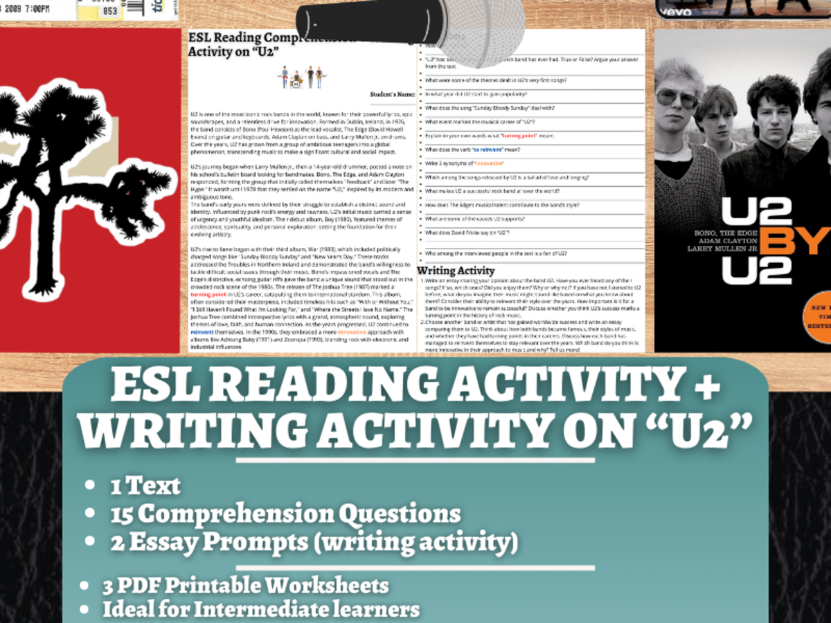 An educational teaching resource from Learning with Alan entitled ESL Reading Comprehension + Essay Worksheets on U2 - Irish downloadable at Teach Simple.