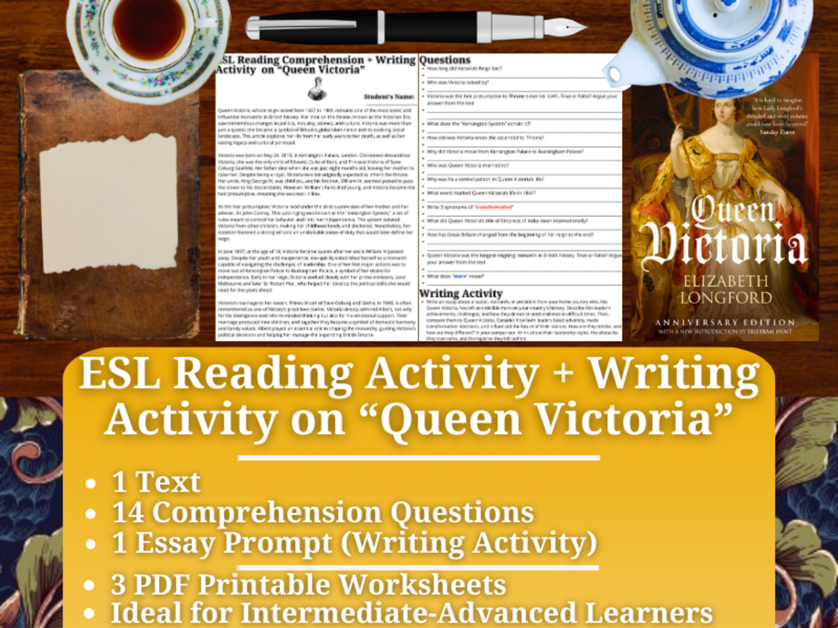 An educational teaching resource from Learning with Alan entitled ESL Reading Comprehension + Essay Worksheets - Queen Victoria downloadable at Teach Simple.