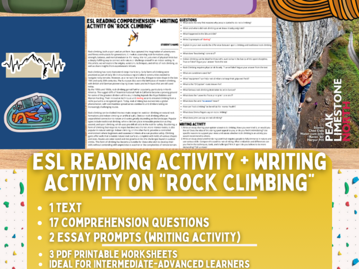 An educational teaching resource from Learning with Alan entitled ESL Reading Comprehension + Essay Worksheets - Rock Climbing downloadable at Teach Simple.