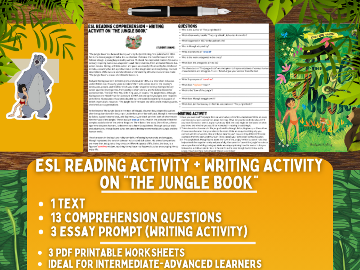 An educational teaching resource from Learning with Alan entitled ESL Reading Comprehension + Essay Worksheets - "The Jungle Book" downloadable at Teach Simple.